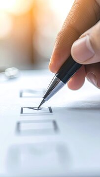 A close-up shot of a hand checking a box with a pen.