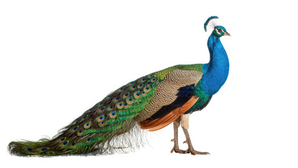 Obraz premium Magnificent Indian peafowl with bright blue head, neck and iridescent green tail feathers