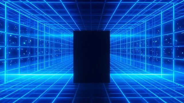 Neon blue tunnel with glowing grid lines and central dark monolith creating futuristic atmosphere and mysterious energy dark cube glowing blue grid room with neon perspective and futuristic mood neon