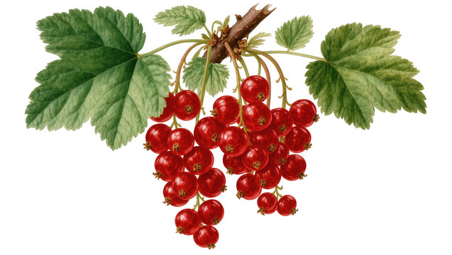 Sweet and tart red currants hanging on a stem with green leaves, fresh produce illustration