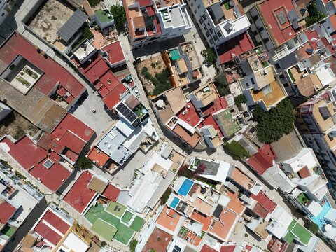 Aerial view of sun-drenched rooftops creating a mosaic of red, white, and earthy tones in the old town, defining the urban landscape, Vejer de la Frontera, Andalusia, Spain.