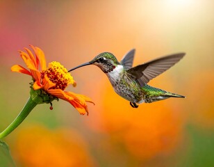 Fototapeta premium Tiny bird approaches orange flower, wings spread, sunny background