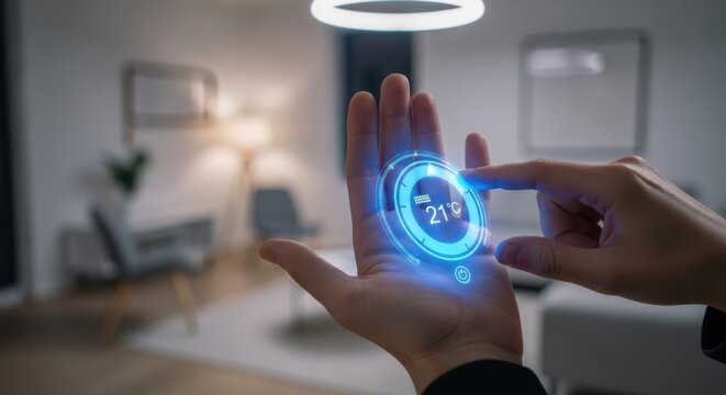 View of hands adjusting virtual room temperature dial, blurred home, blue light, smart living, high resolution visual photo.