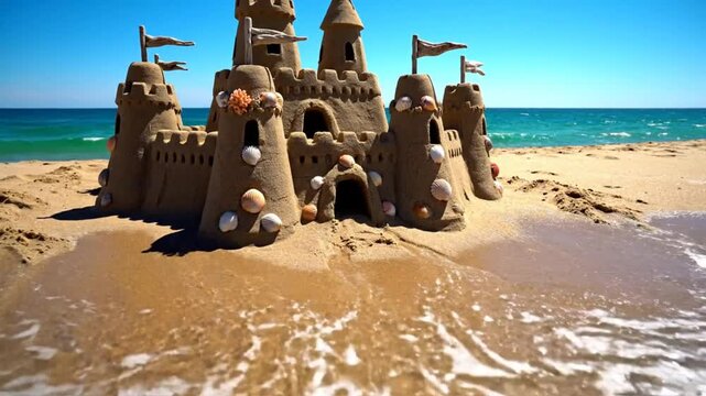 Beautiful sandcastle with seashells on a beach with gentle waves and clear blue sky on a sunny day