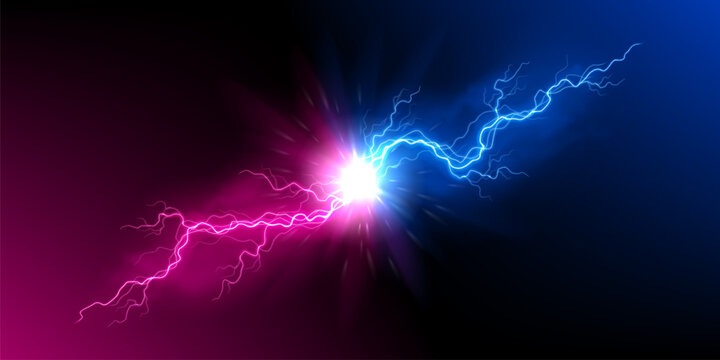 Vibrant pink and blue lightning explosion. Powerful dual-energy concept with pink and blue lightning bolts and bright energy burst. Vector illustration with dynamic lightning discharge.