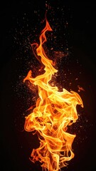 Fototapeta premium A vibrant display of orange flames dances against a dark background, with sparks scattering outwards.