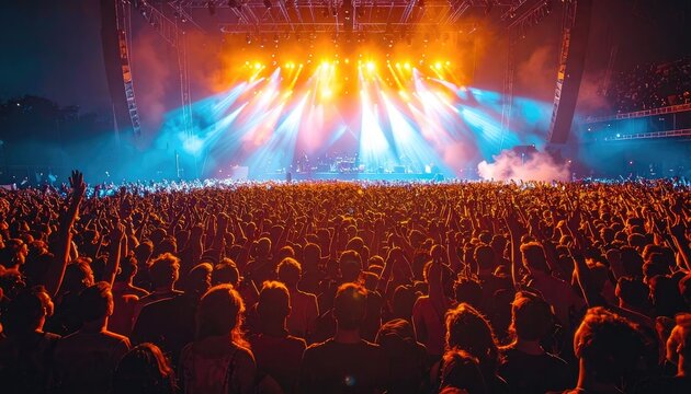A massive crowd of people enjoys a vibrant concert with colorful stage lights.