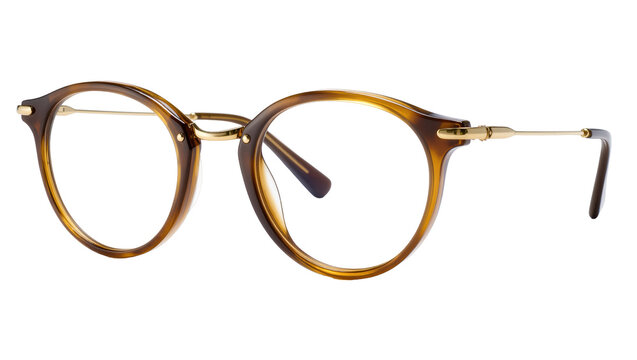 Chic round brown tortoise shell eyeglasses with gold accents, fashionable vision wear