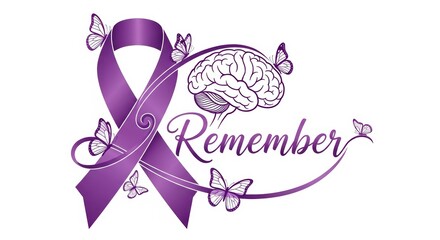 Fototapeta premium Purple ribbon for brain cancer awareness with butterflies and remember text design