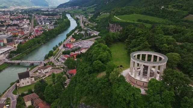 Aerial drone view of the Mausoleum of Cesare Battisti in Parco Naturale del Doss Trento, Italy.