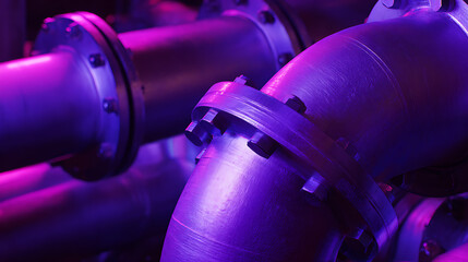 Industrial Pipes with Flanges and Bolts in Bold Purple and Blue Light, Abstract Technological Background, Modern Infrastructure