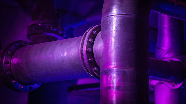 Industrial pipeline system under vibrant purple and blue neon light, featuring metallic textures and connecting flanges in a dim, futuristic setting