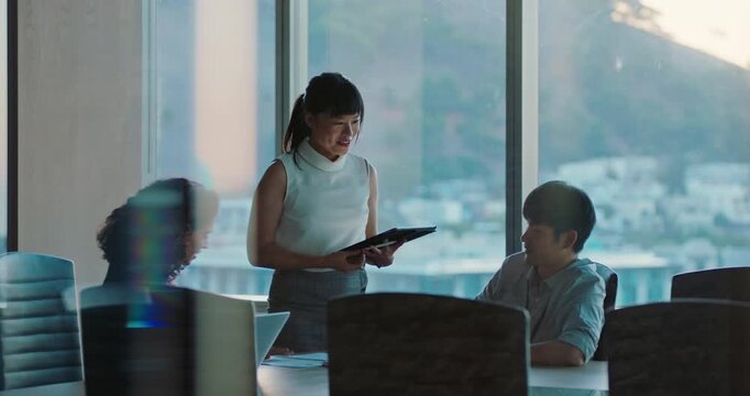 Glass, team and group with tablet in meeting, conversation and planning for ad budget with paperwork. Business, publicist and people with document for pr project, collaboration and happy with tech