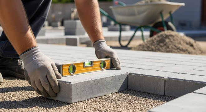 Professional bricklayer aligning pavers for a smooth patio surface in outdoor construction project