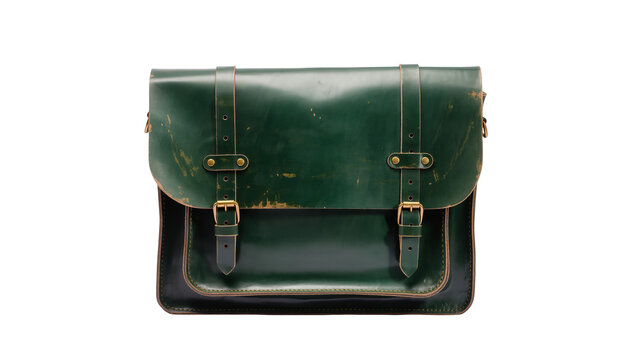 Stylish dark green leather vintage satchel bag with brass buckle closures for travel