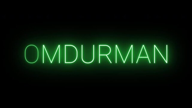 Flickering neon green glowing omdurman sign animated on black background.