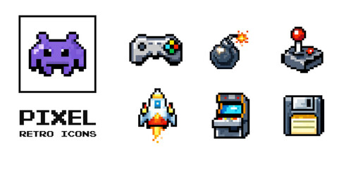 Pixel retro game icons set with arcade elements and alien character videogame items © Anna