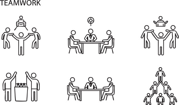 Teamwork showing people working together in various settings collaboration business