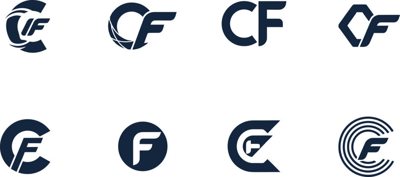 Collection of eight unique cf logos with varied designs and styles