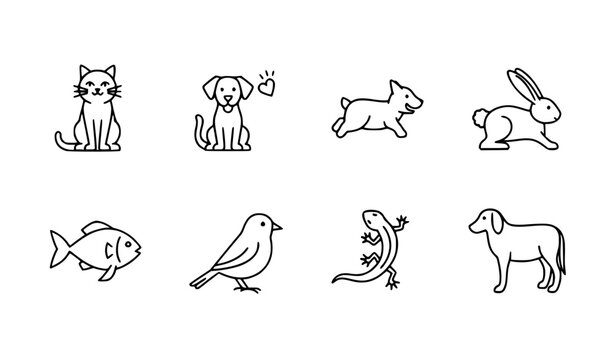 Minimalist pets line icon set with cat, dog, rabbit, fish, bird, lizard, and domestic animals vector illustrations