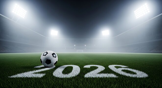 Soccer Ball on Stadium Field with 2026 Text Under Bright Floodlights &ndash; Football Championship Concept Background