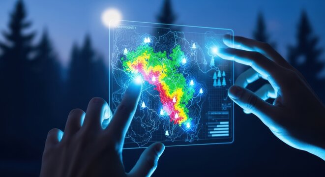 Closeup of hands analyzing digital forest density map, blurred nature, blue lighting, conservation tech, sharp focus, high detail.