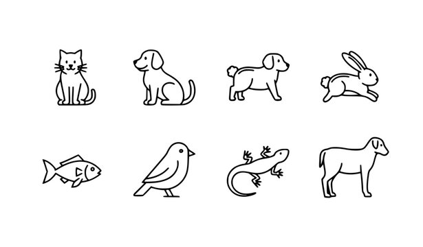 Minimalist pets line icon set with cat, dog, rabbit, fish, bird, lizard, and domestic animals vector illustrations