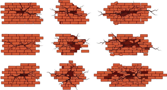 Collection of brick wall damage and cracked effects for graphic design and illustrations