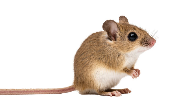 Adorable small brown house mouse with big black eyes, standing on hind legs, profile view