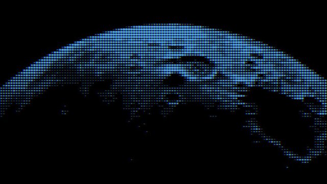 Detailed animation of the moon's surface rendered in a blue halftone pixel art style. This retro-futuristic digital display shows the celestial body rotating.