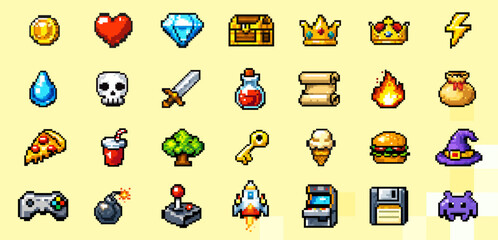 Pixel game icons set with arcade items and retro videogame interface elements © Anna