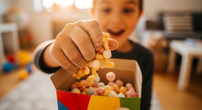 Excited Child Grabbing Colorful Cereal From Box