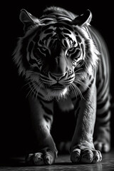 Obraz premium A powerful black and white tiger emerges from deep shadows, its piercing gaze and bold stripes illuminated by dramatic light, capturing raw strength, elegance, and silent predatory focus
