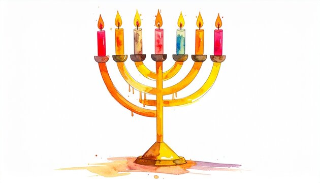 Golden menorah with nine lit candles, shamash elevated, festive dots on blue surface, symbolizing Hanukkah celebration, tradition, miracle of light, and cultural resilience.