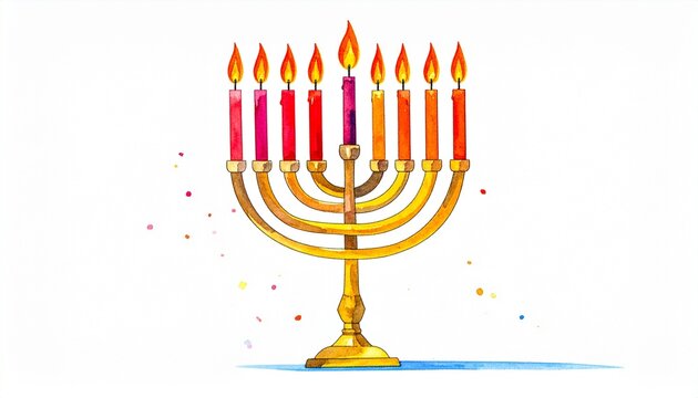 Golden menorah with nine lit candles, shamash elevated, festive dots on blue surface, symbolizing Hanukkah celebration, tradition, miracle of light, and cultural resilience.