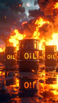 3D render of Oil barrels amidst the flames of Middle Eastern war: the oil crisis in a wartime situation.