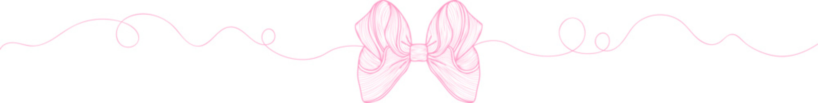 Elegant Hand Drawn Ribbon Bow Divider with Flowing Line in Soft Pink, Minimal Decorative Horizontal Border for Wedding Invitations, Greeting Cards, Branding and Romantic Design
