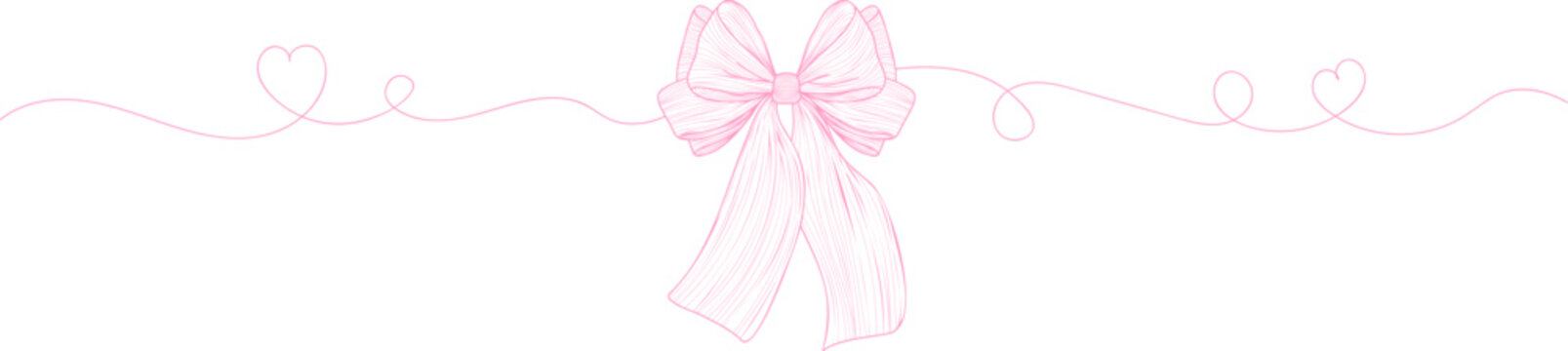 Elegant Hand Drawn Ribbon Bow Divider with Flowing Line in Soft Pink, Minimal Decorative Horizontal Border for Wedding Invitations, Greeting Cards, Branding and Romantic Design