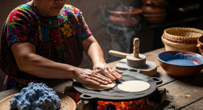 Oaxacan Cook Hand-Pressing Fresh Blue Corn Tortillas on Traditional Comal