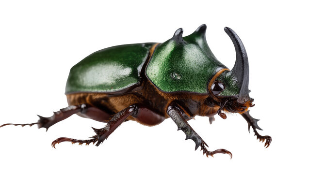 Stunning male rhinoceros beetle with impressive horn, vibrant green shell, and textured body