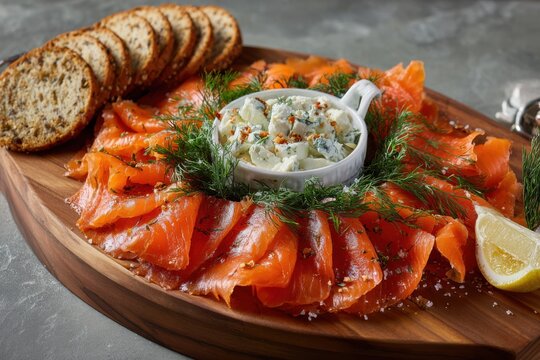 Round wooden board with smoked salmon arranged around a blue cheese dip and crackers appetizer arrangement