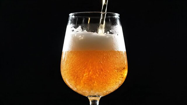 Pouring Light Amber Beer into a Tulip Glass with a Black Background, Foamy Head Formation