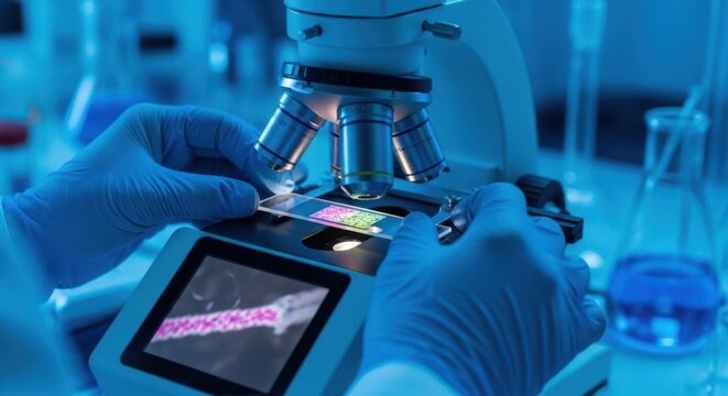 Professional hands adjusting digital microscope slide position, blurred lab, neon blue, scientific look, shallow depth, sharp image view.