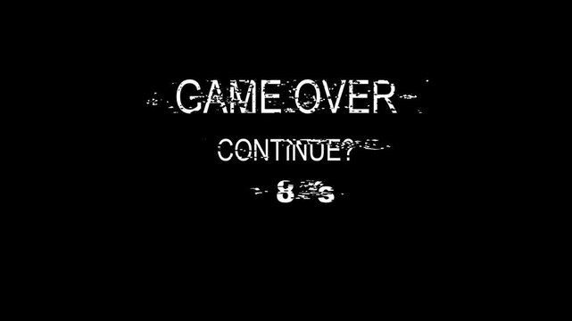 Animated simple footage Glitch for computer game. Inscription game over, continue and countdown of 10 seconds on black background
