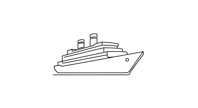 A simple black outline drawing of a cruise ship with multiple decks and two smokestacks