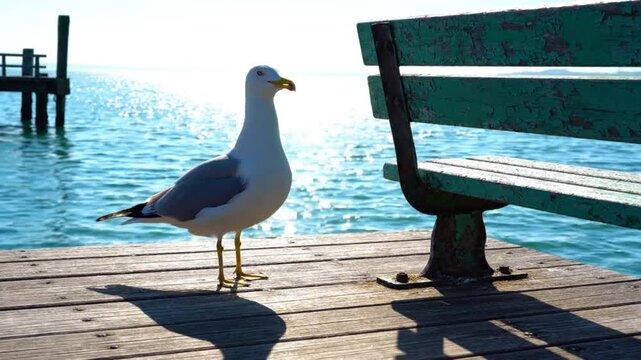 Seagull squawking on a wooden pier next to a turquoise bench with shimmering water on a sunny day