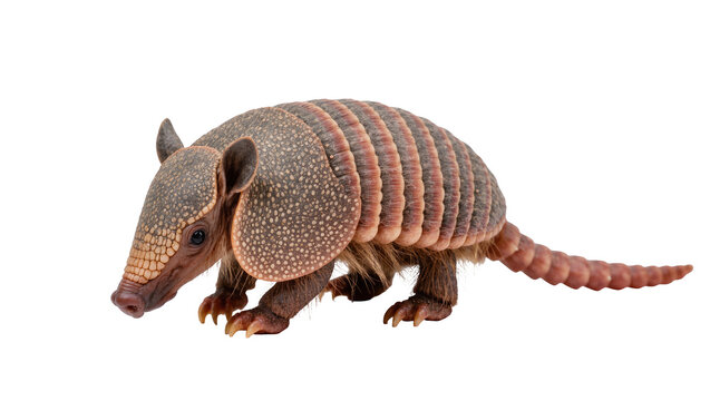 Exotic three-banded armadillo showcasing its unique armored shell and claws, side view portrait