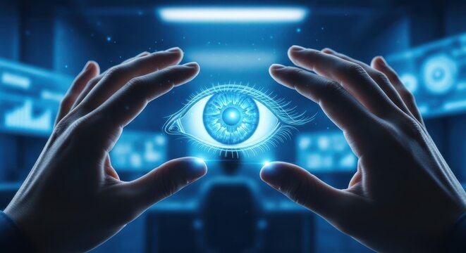 Closeup of hands verifying virtual biometric eye scan, blurred lab, blue lighting, high security, sharp focus, high detail.