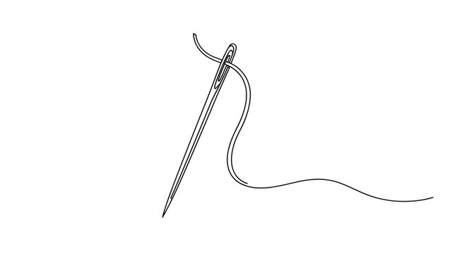 Minimalist line drawing of a needle and thread on a white background