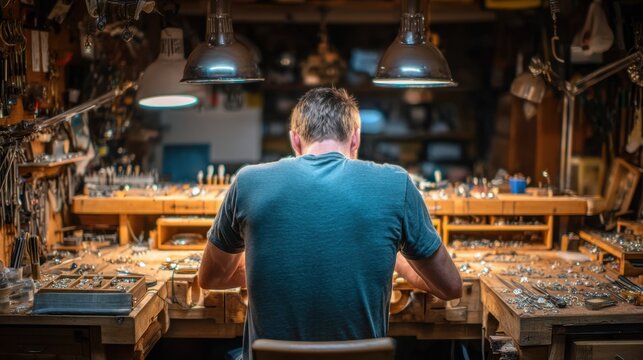From a rear perspective, careful hands arrange gemstones and tools, while the softened workspace emphasizes focus, patience, and refined craftsmanship in design.